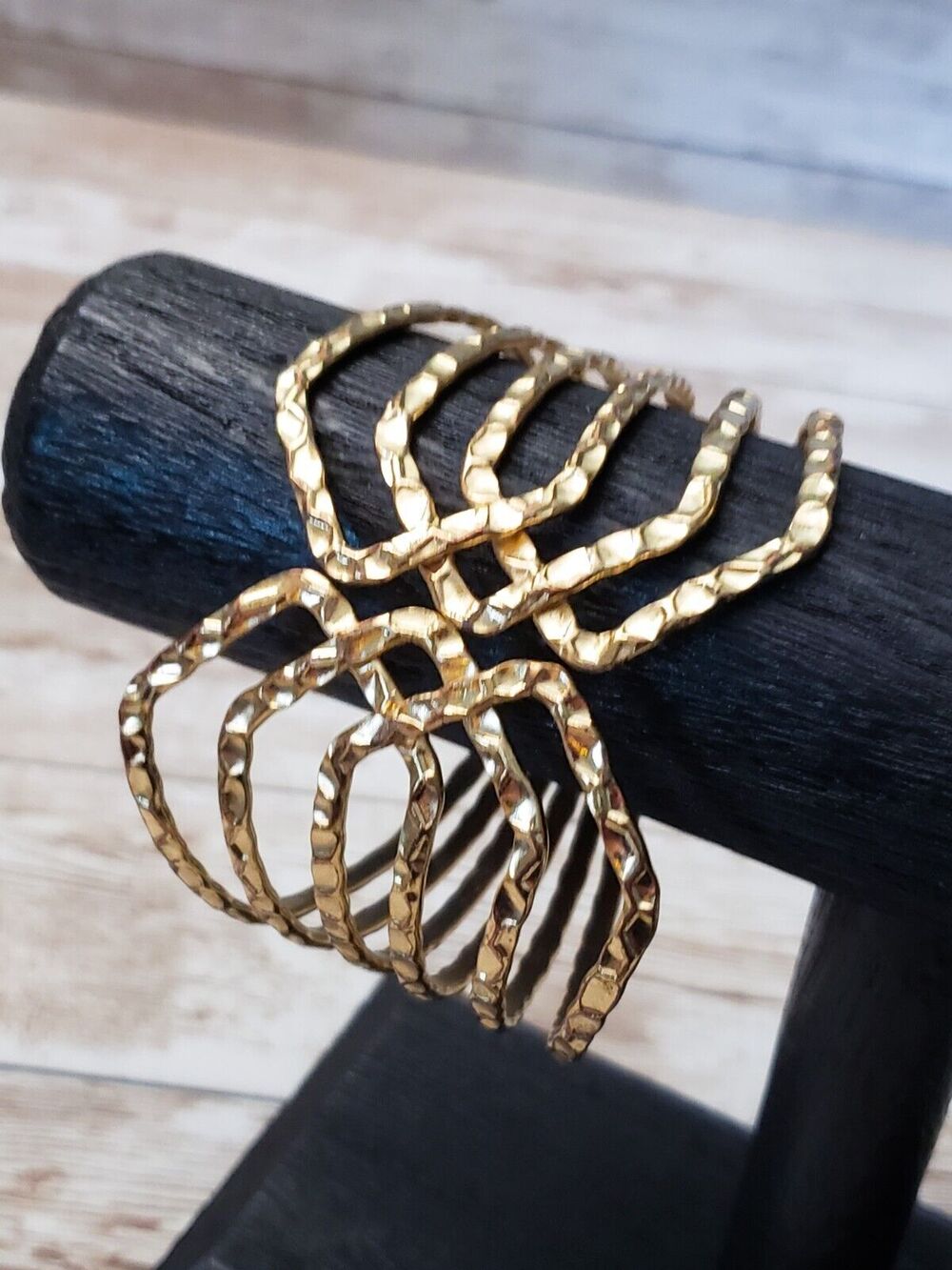 Vintage Hinged Bracelet / Bangle - Chunky Geometric Design Gold Tone
